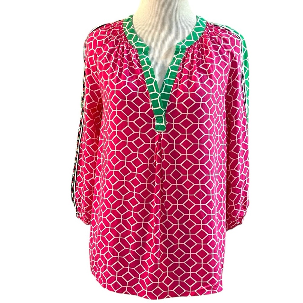 CROWN & IVY LONG SLEEVE GEOMETRIC PRINT BLOUSE PINK WHITE GREEN SIZE PS